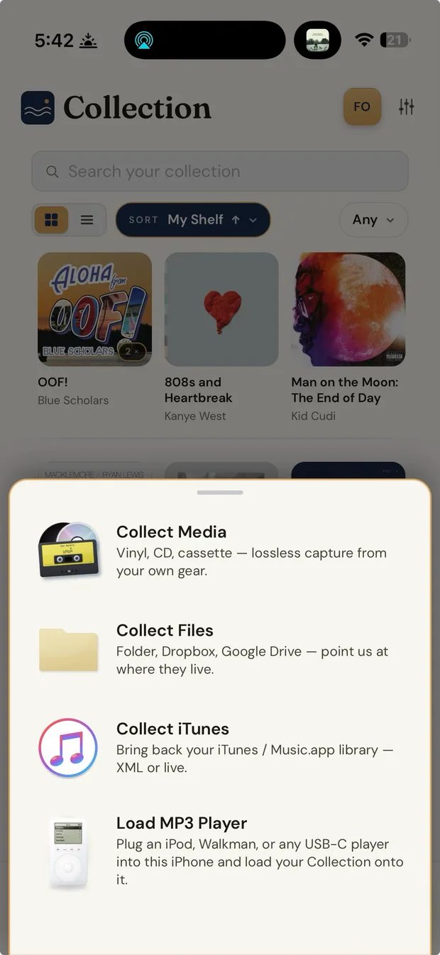 The Collect sheet in Uki Music: Collect Media, Import Files, Import iTunes, and Load MP3 Player